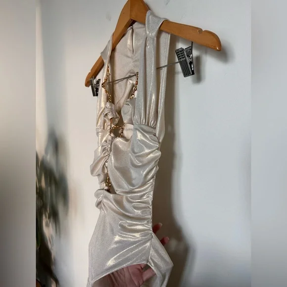 Di Petsa NEW Temptress Sun Mini Dress Gold Cut Out Ruched Size L